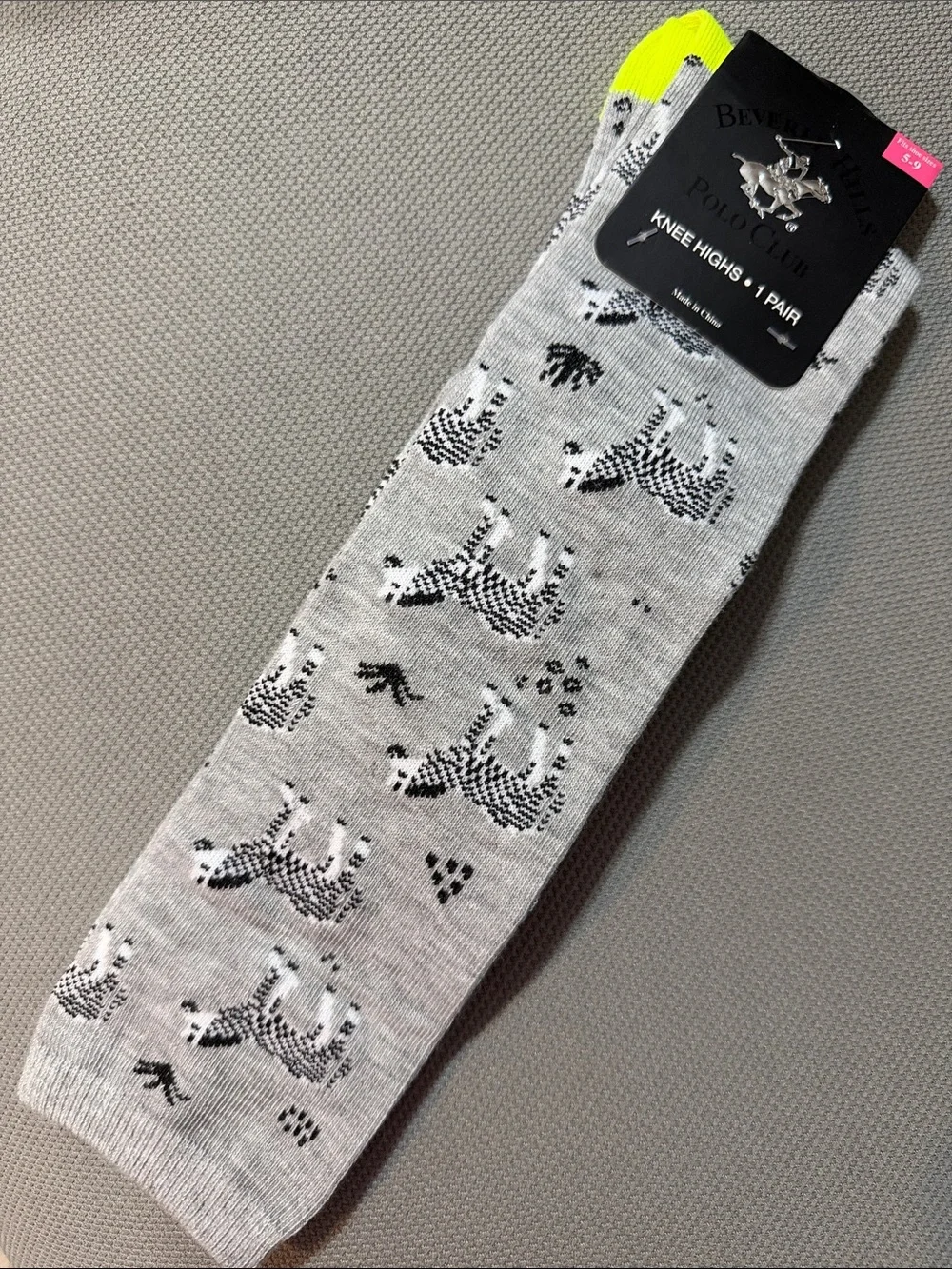 Beverly Hills Polo Club Gray Knee-High Socks-Zebras& Neon Yellow Heel-Size 5-9